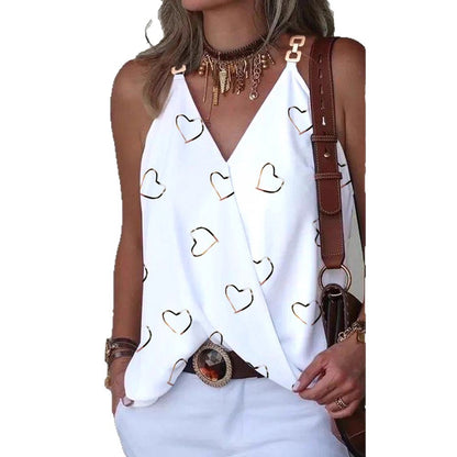 Printed Sleeveless Top with V-Neck and Metal Buckle Straps