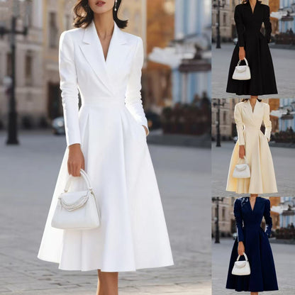 A-Line Blazer Dress with Lapel V-Neck and Pleated Skirt