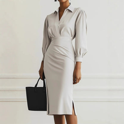 Sheath Midi Dress with V-Neck and Ruched Waist