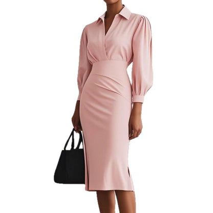 Sheath Midi Dress with V-Neck and Ruched Waist