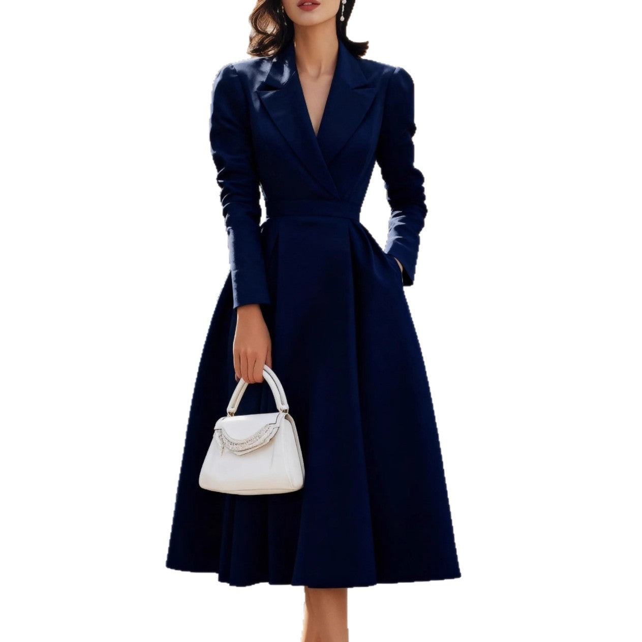 A-Line Blazer Dress with Lapel V-Neck and Pleated Skirt