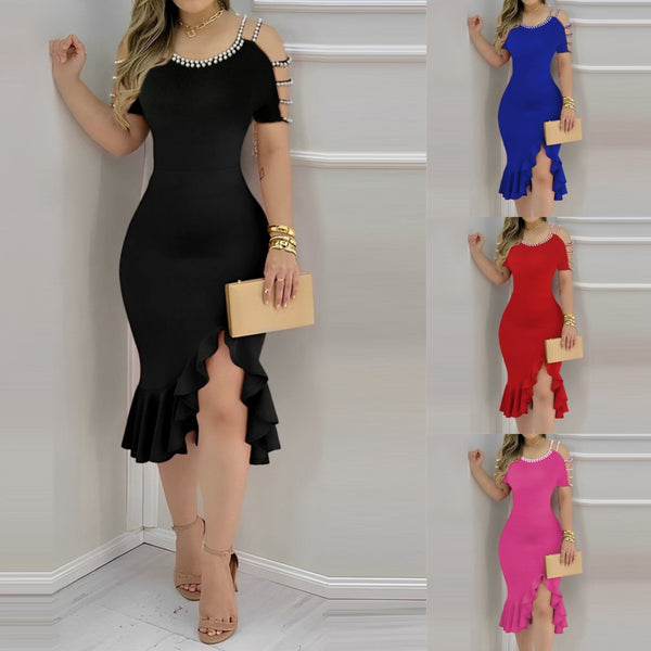 Bodycon Midi Dress with Pearl Cold Shoulder and Ruffled Slit