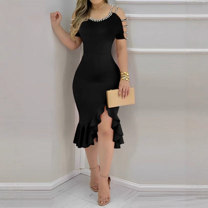 Bodycon Midi Dress with Pearl Cold Shoulder and Ruffled Slit