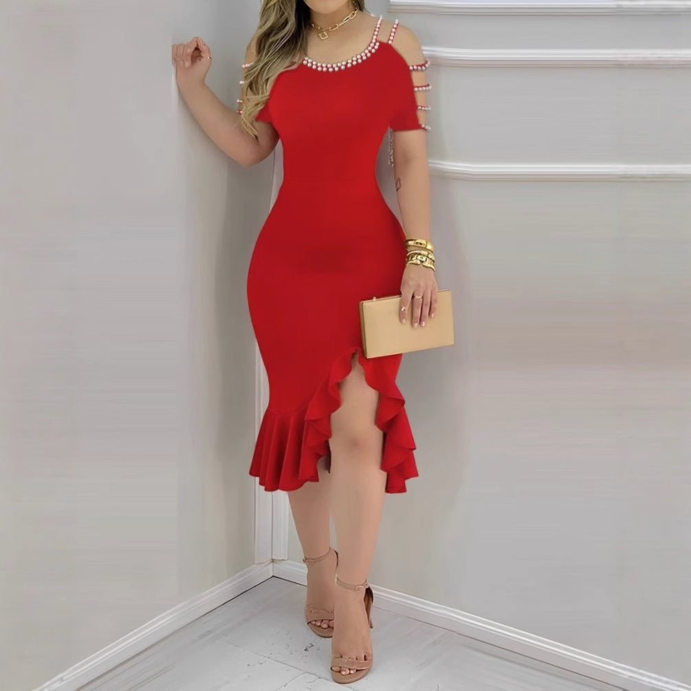 Bodycon Midi Dress with Pearl Cold Shoulder and Ruffled Slit