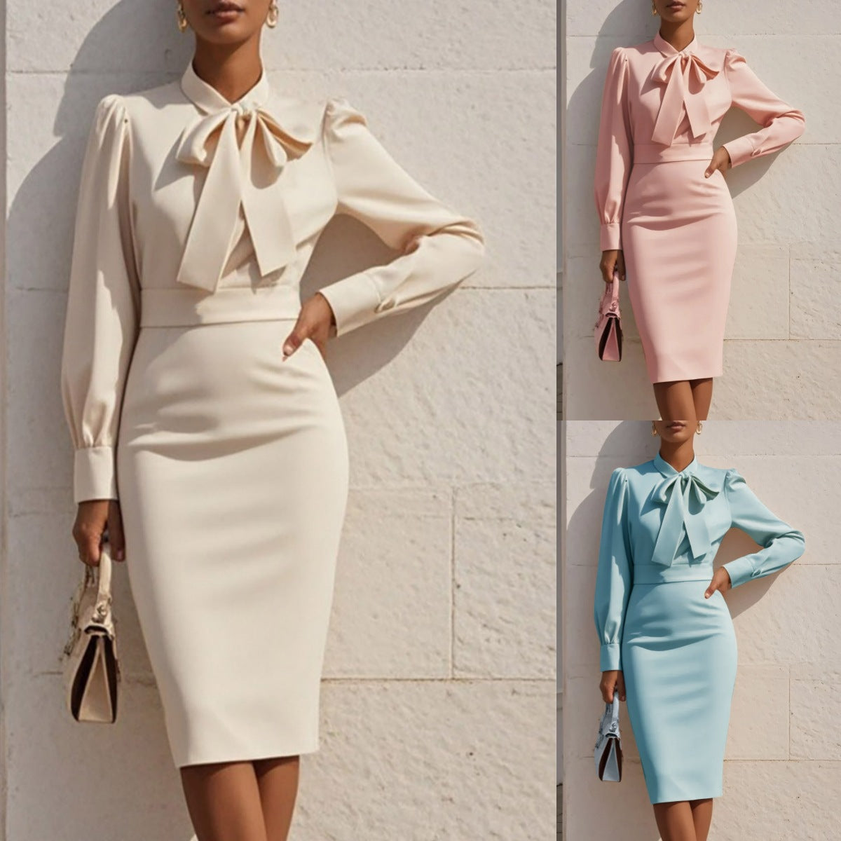 Sheath Midi Dress with Pussy-Bow Neck and Long Sleeves