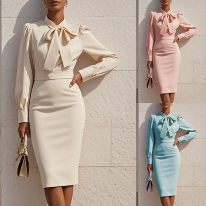 Sheath Midi Dress with Pussy-Bow Neck and Long Sleeves