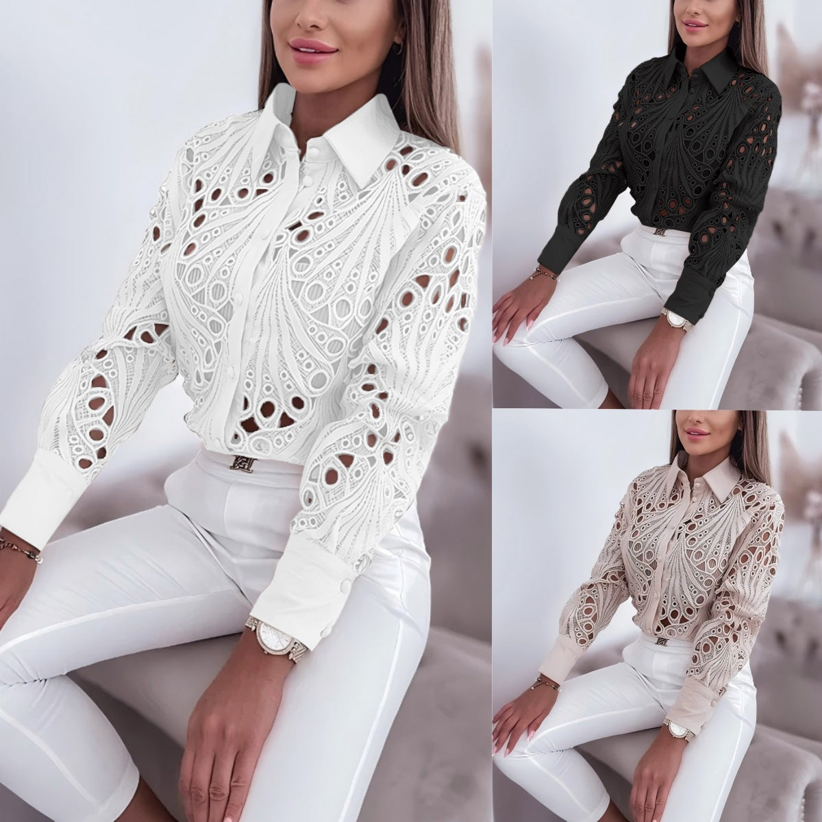Hollow-Out Lace Button-Down Shirt with Lapel Collar