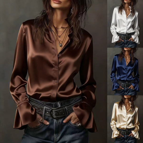 Solid Satin Blouse with Ruffle Collar and Flared Sleeves