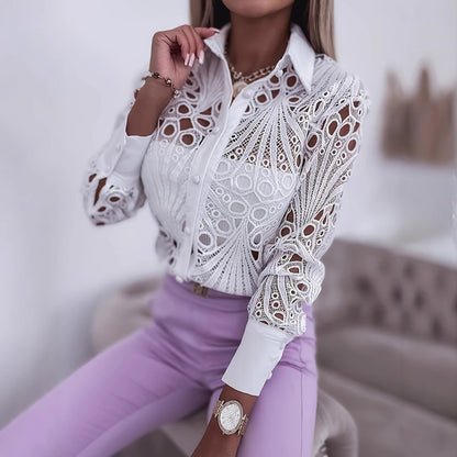 Hollow-Out Lace Button-Down Shirt with Lapel Collar