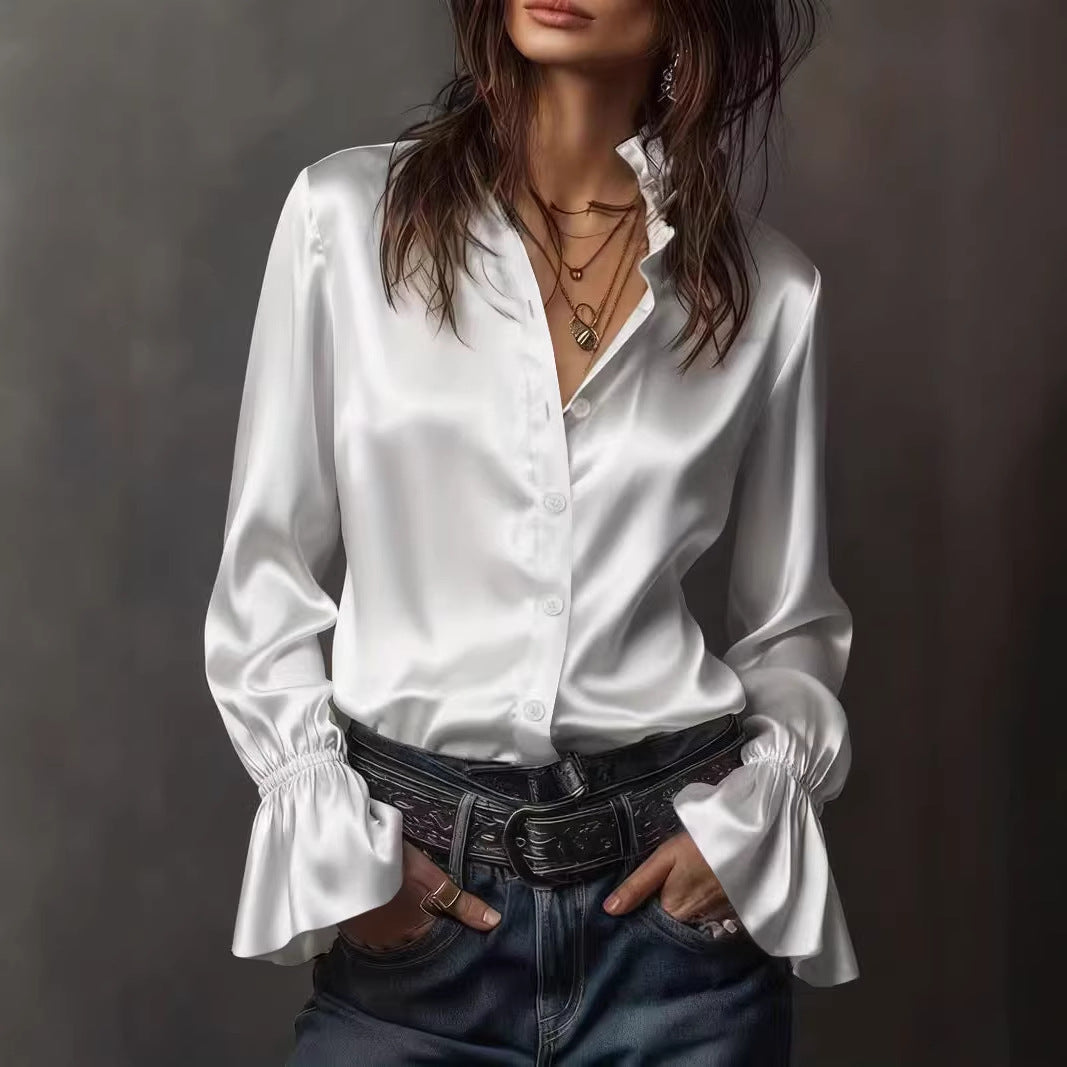Solid Satin Blouse with Ruffle Collar and Flared Sleeves