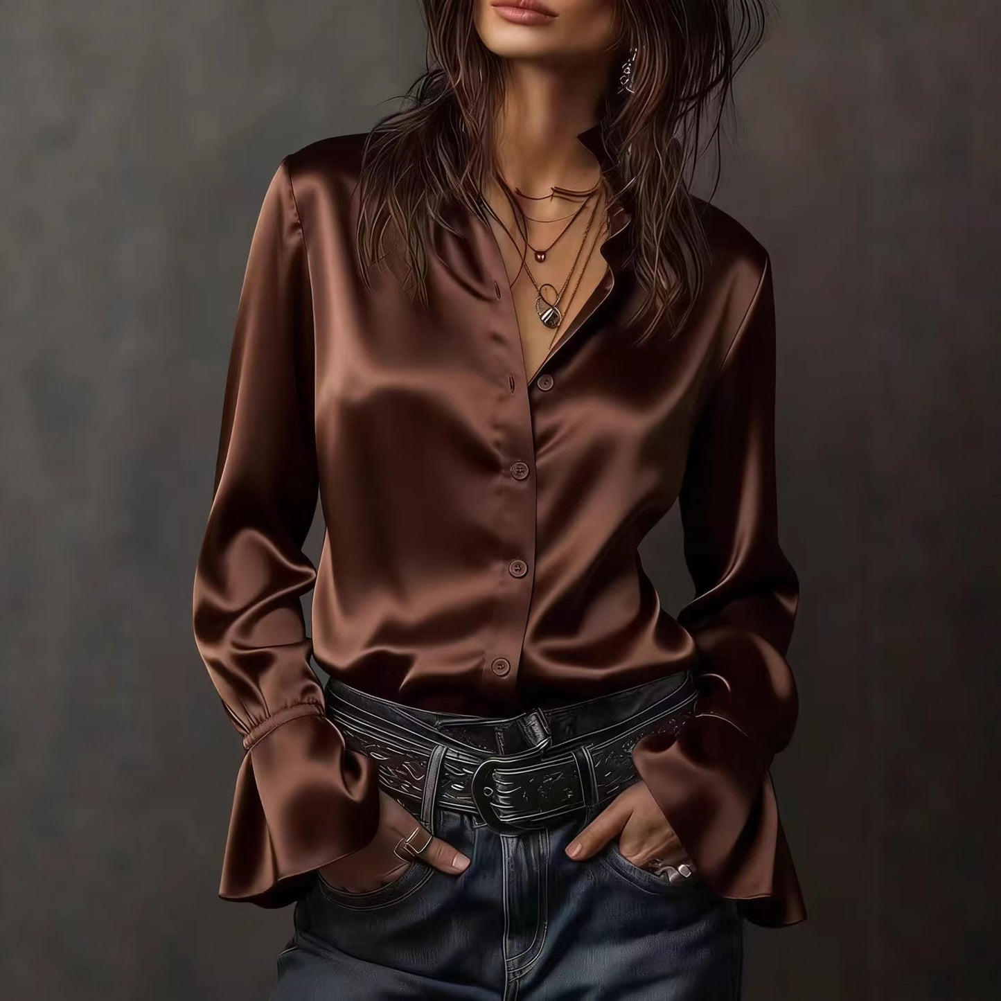 Solid Satin Blouse with Ruffle Collar and Flared Sleeves