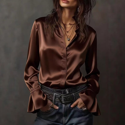 Solid Satin Blouse with Ruffle Collar and Flared Sleeves
