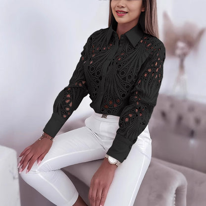 Hollow-Out Lace Button-Down Shirt with Lapel Collar