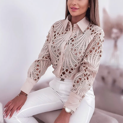 Hollow-Out Lace Button-Down Shirt with Lapel Collar