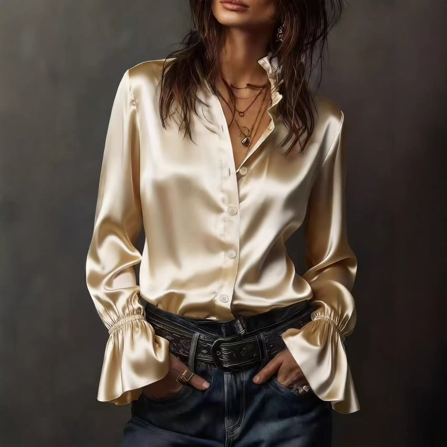 Solid Satin Blouse with Ruffle Collar and Flared Sleeves