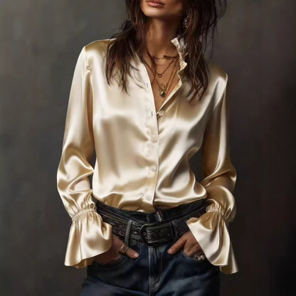 Solid Satin Blouse with Ruffle Collar and Flared Sleeves