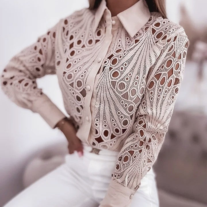 Hollow-Out Lace Button-Down Shirt with Lapel Collar