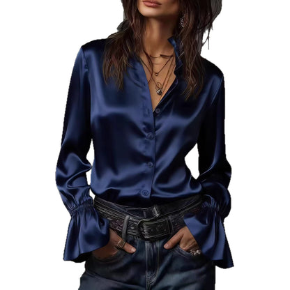 Solid Satin Blouse with Ruffle Collar and Flared Sleeves