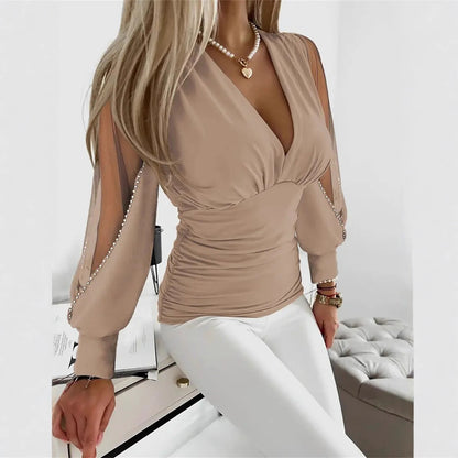 Solid V-Neck Blouse with Ruched Bodice and Beaded Mesh Sleeves
