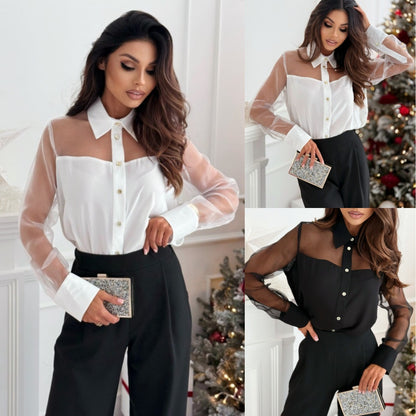 Solid Button-Down Shirt with Sheer Mesh Panels and Lapel Collar