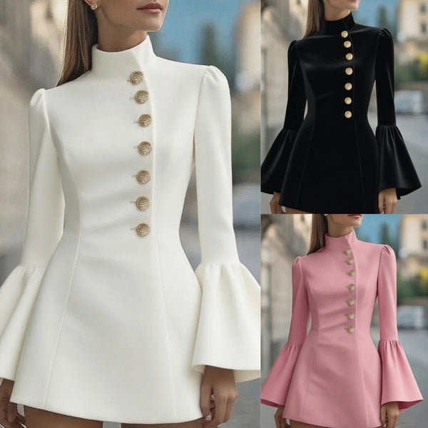 Mini Coat Dress with Stand Collar and Bell Sleeves