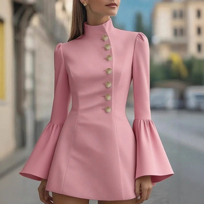 Mini Coat Dress with Stand Collar and Bell Sleeves