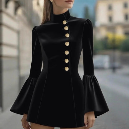 Mini Coat Dress with Stand Collar and Bell Sleeves