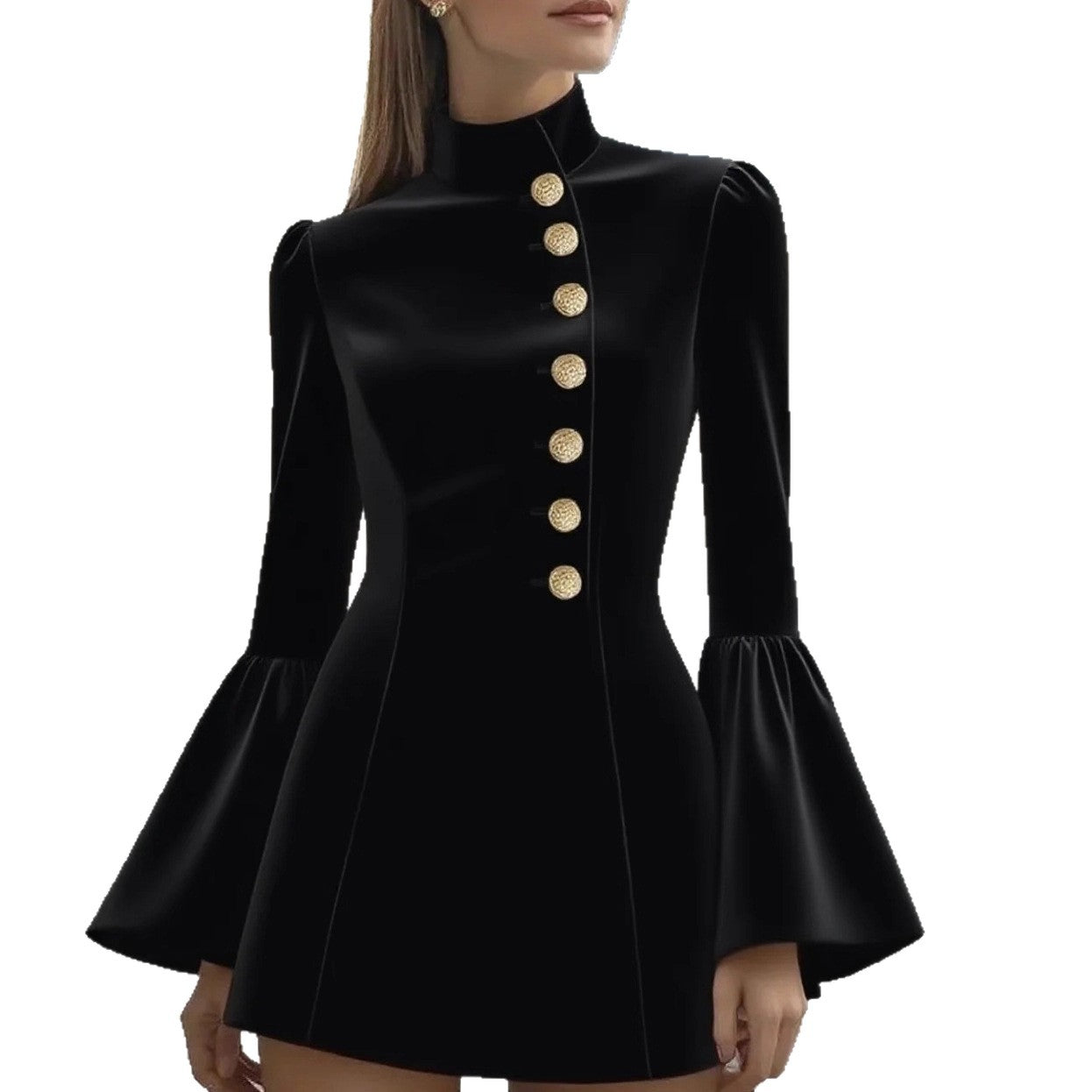 Mini Coat Dress with Stand Collar and Bell Sleeves