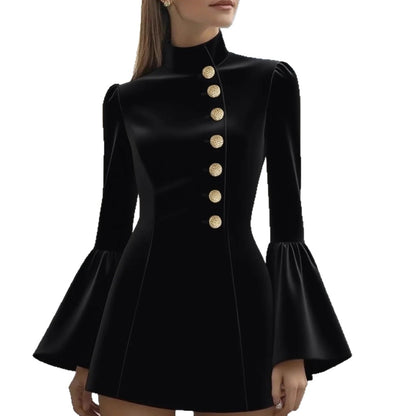 Mini Coat Dress with Stand Collar and Bell Sleeves