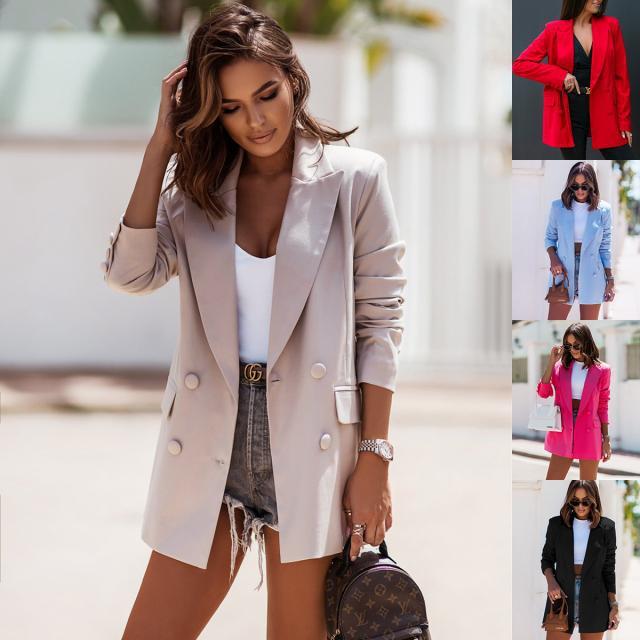 Solid Longline Blazer with Double-Breasted Front
