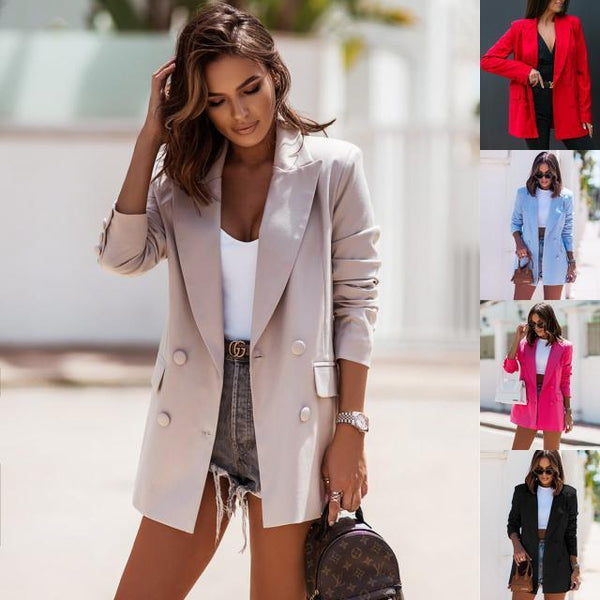 Solid Longline Blazer with Double-Breasted Front
