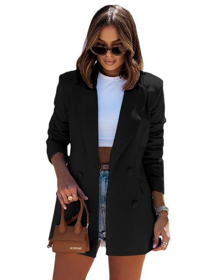 Solid Longline Blazer with Double-Breasted Front