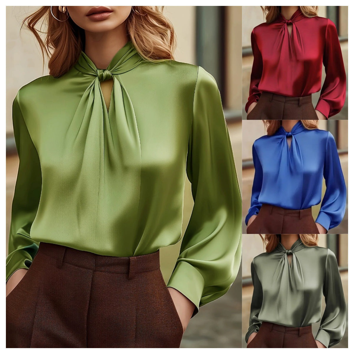 Solid Satin Blouse with Knotted Mock Neck and Gathered Front
