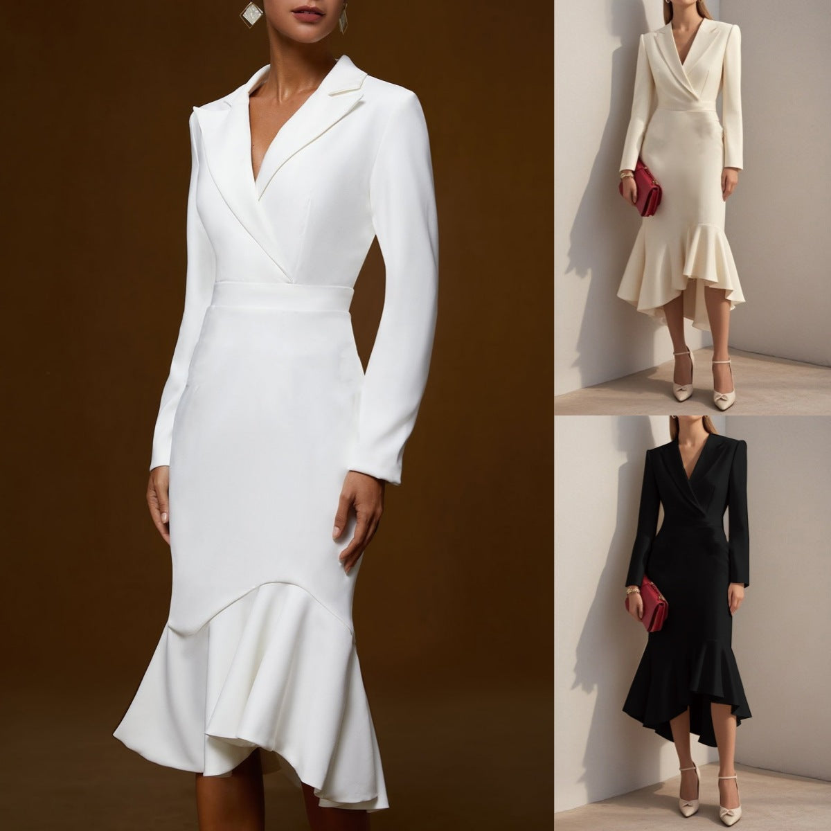 Wrap Midi Dress with Lapel Collar and Fishtail Hem
