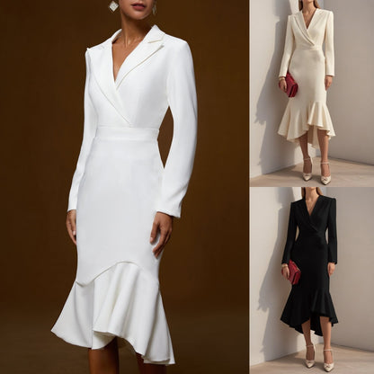 Wrap Midi Dress with Lapel Collar and Fishtail Hem