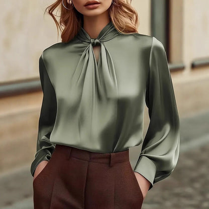 Solid Satin Blouse with Knotted Mock Neck and Gathered Front