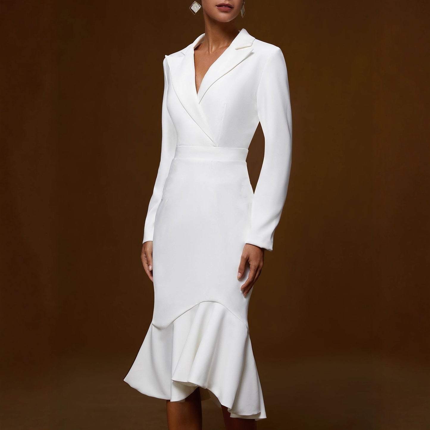 Wrap Midi Dress with Lapel Collar and Fishtail Hem