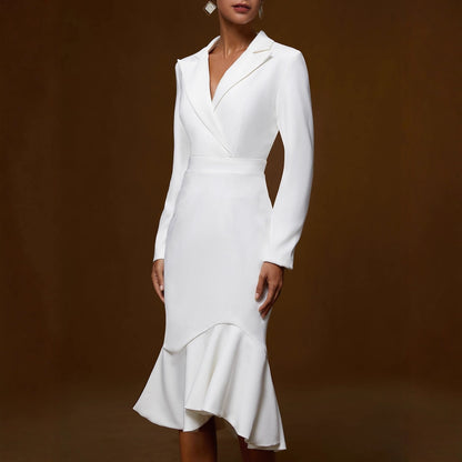 Wrap Midi Dress with Lapel Collar and Fishtail Hem