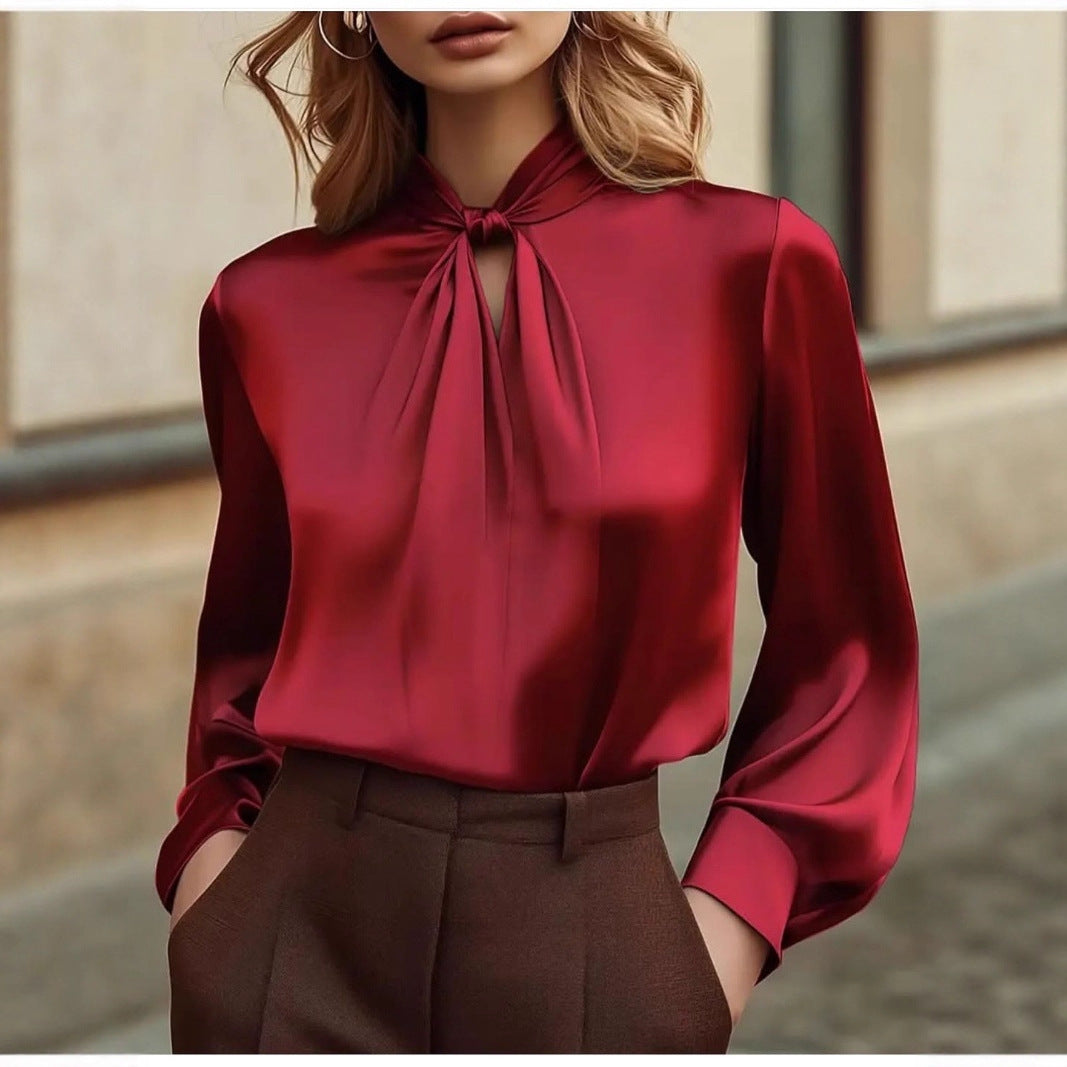 Solid Satin Blouse with Knotted Mock Neck and Gathered Front