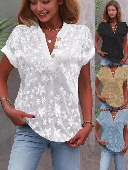 Textured Floral V-Neck Top with Cuffed Short Sleeves