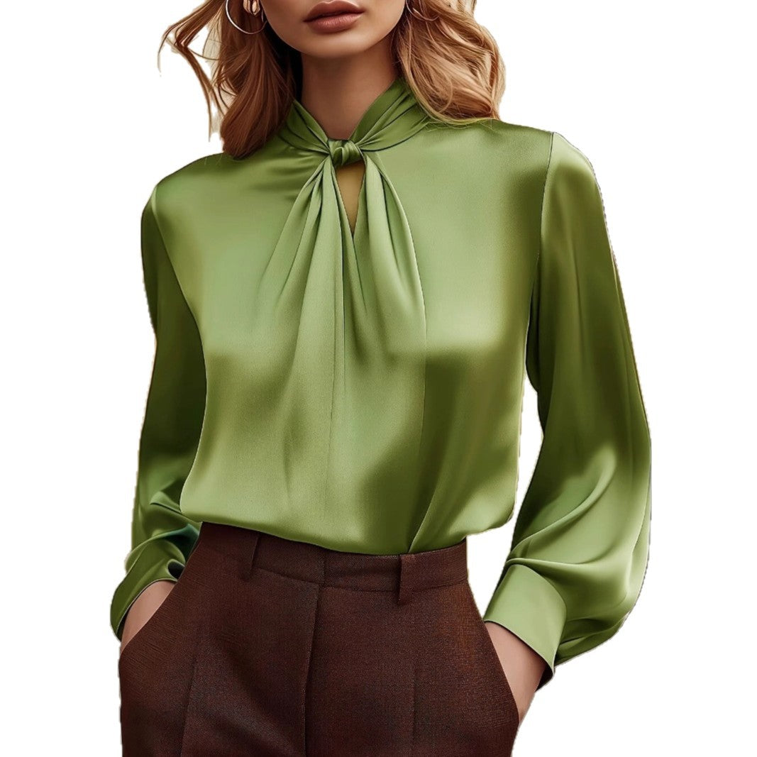 Solid Satin Blouse with Knotted Mock Neck and Gathered Front