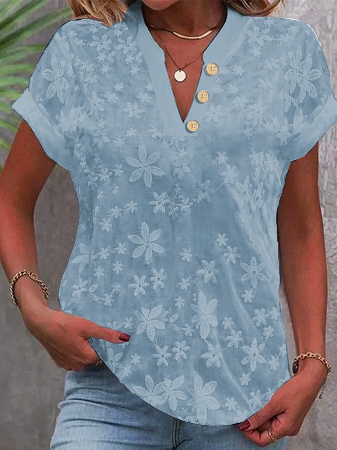 Textured Floral V-Neck Top with Cuffed Short Sleeves