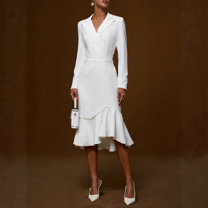 Wrap Midi Dress with Lapel Collar and Fishtail Hem