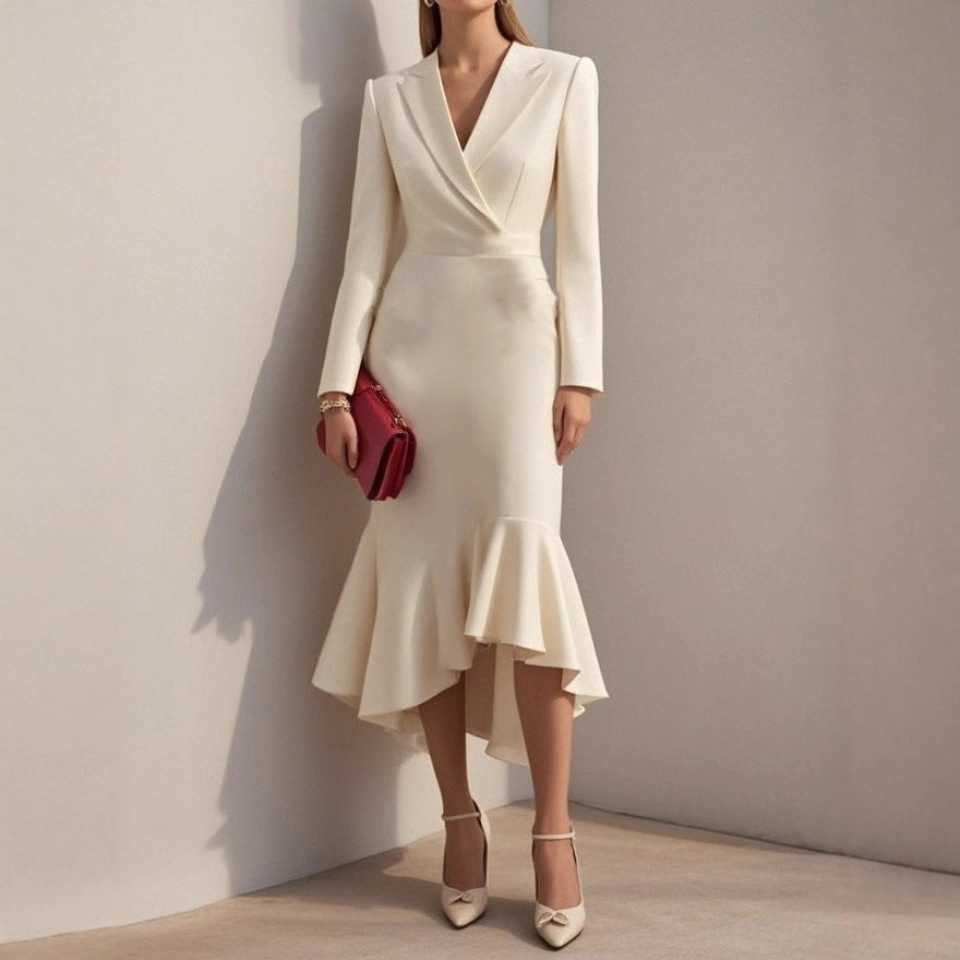 Wrap Midi Dress with Lapel Collar and Fishtail Hem