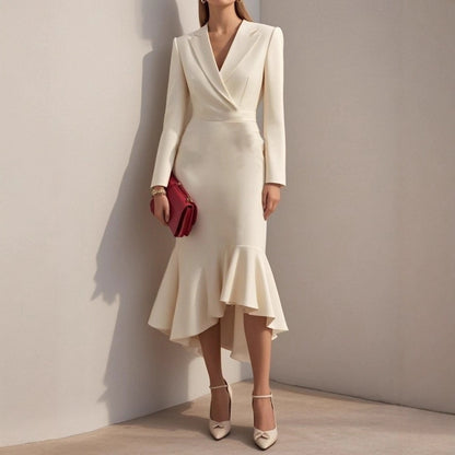 Wrap Midi Dress with Lapel Collar and Fishtail Hem