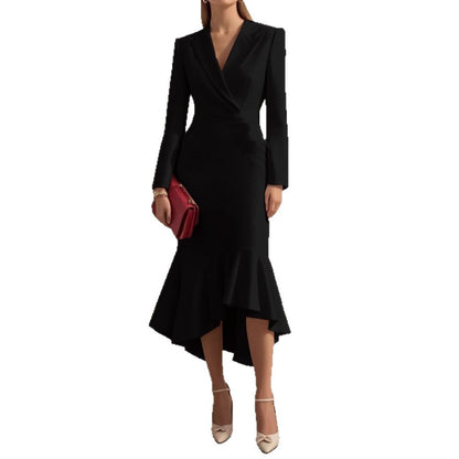 Wrap Midi Dress with Lapel Collar and Fishtail Hem