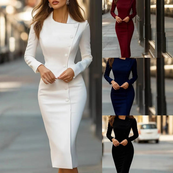 Sheath Midi Dress with Asymmetric Button Placket
