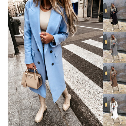 Solid Double-Breasted Midi Coat with Notched Lapel