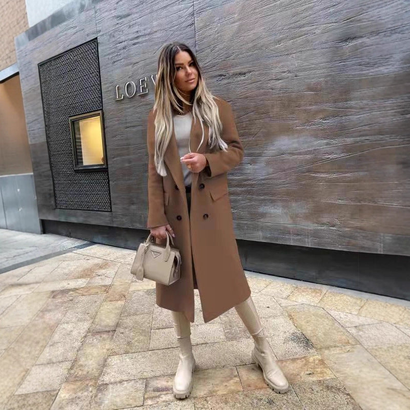 Solid Double-Breasted Midi Coat with Notched Lapel