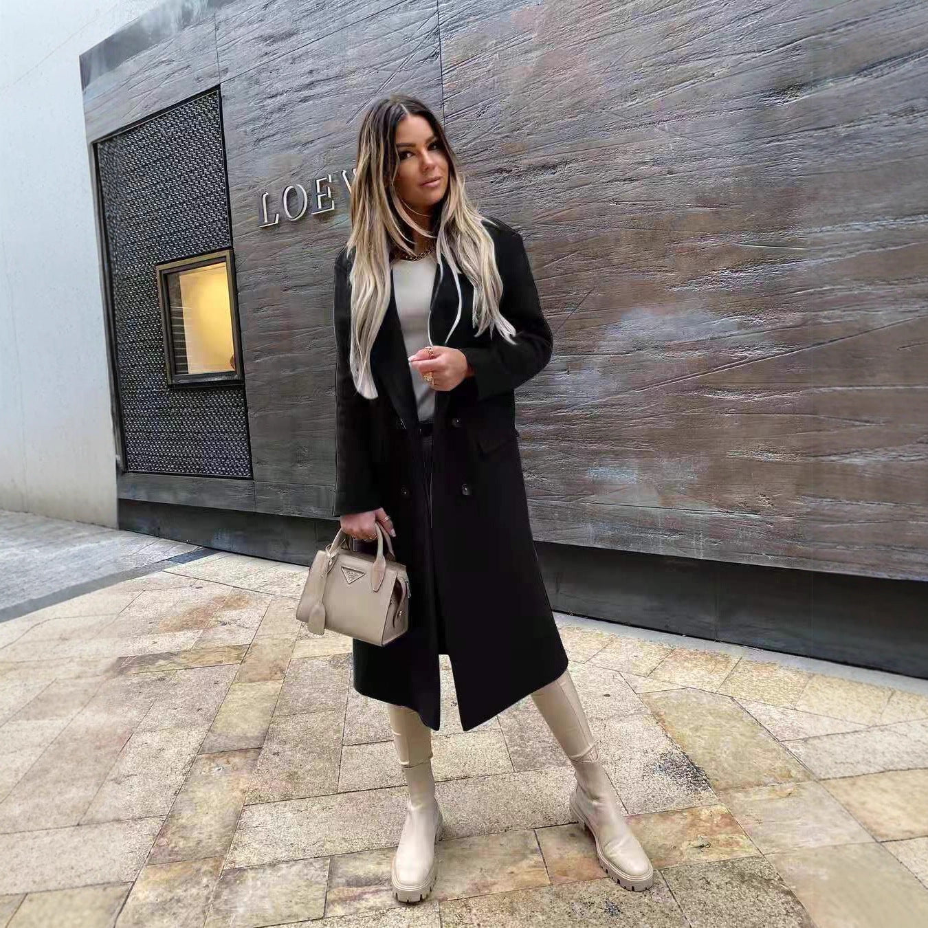 Solid Double-Breasted Midi Coat with Notched Lapel